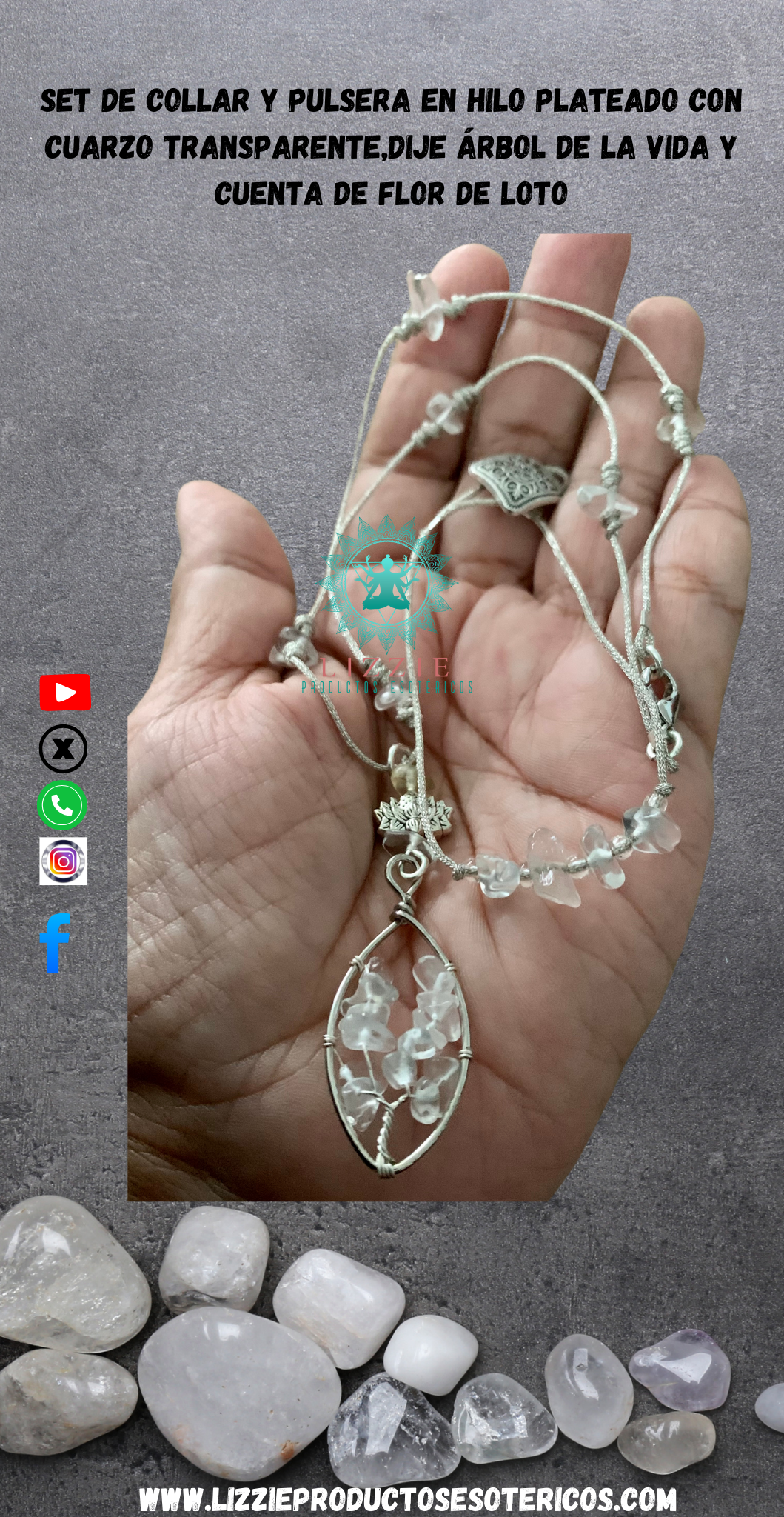 Set de Collar y Pulsera en Hilo plateado con cuarzo transparente, con dije árbol de la vida y cuenta de flor de loto