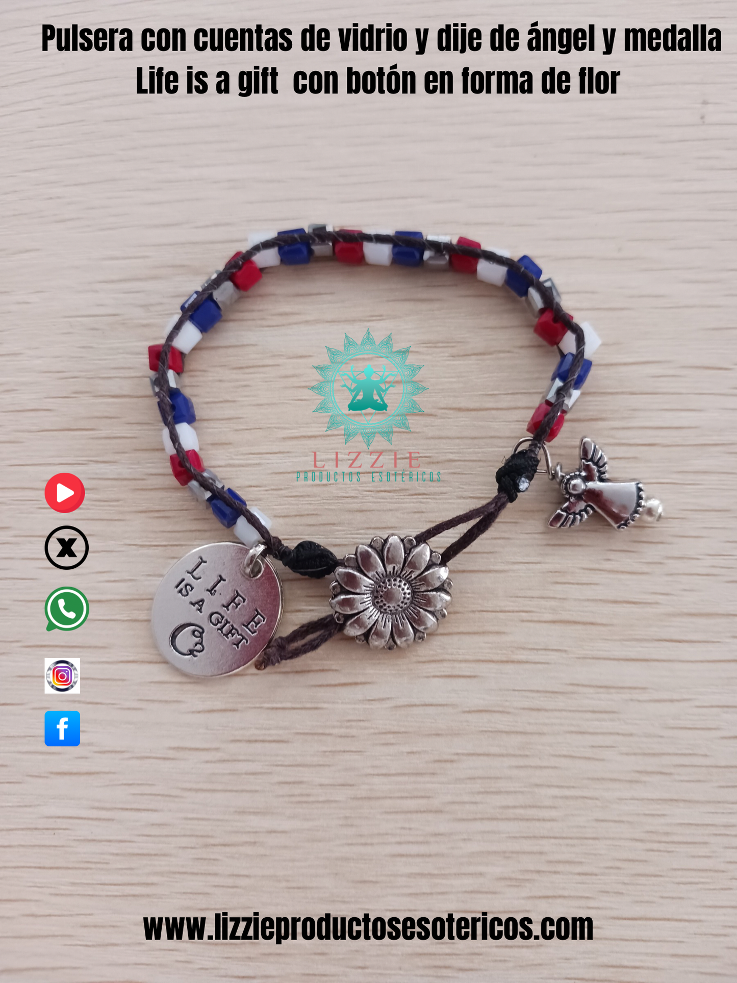 Pulsera con cuentas de vidrio y dije de ángel , medalla Life is a gift con botón en forma de flor