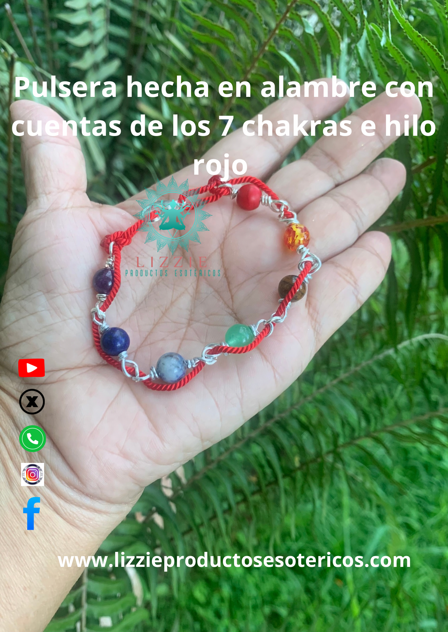 Pulsera hecha en alambre con cuentas de los 7 chakras e hilo rojo