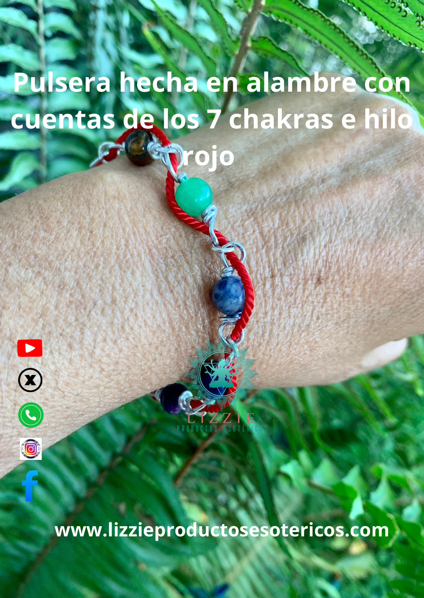 Pulsera hecha en alambre con cuentas de los 7 chakras e hilo rojo