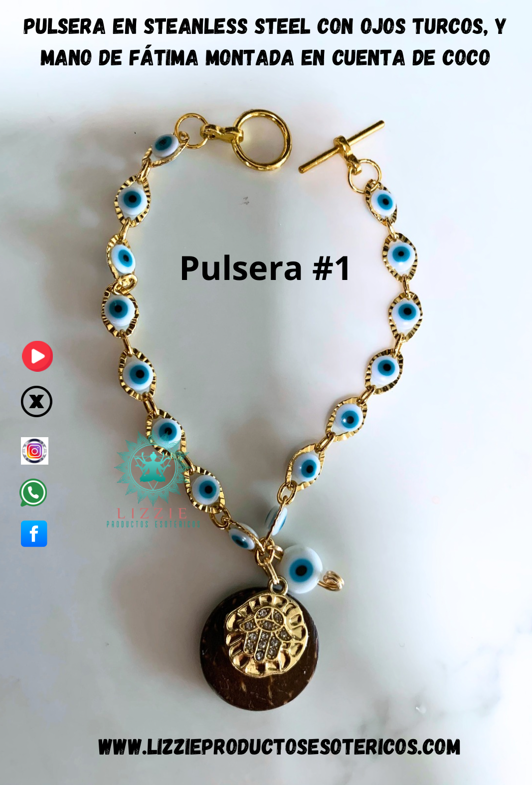 Pulsera en steanless steel con ojos turcos, y mano de Fátima montada en cuenta de coco