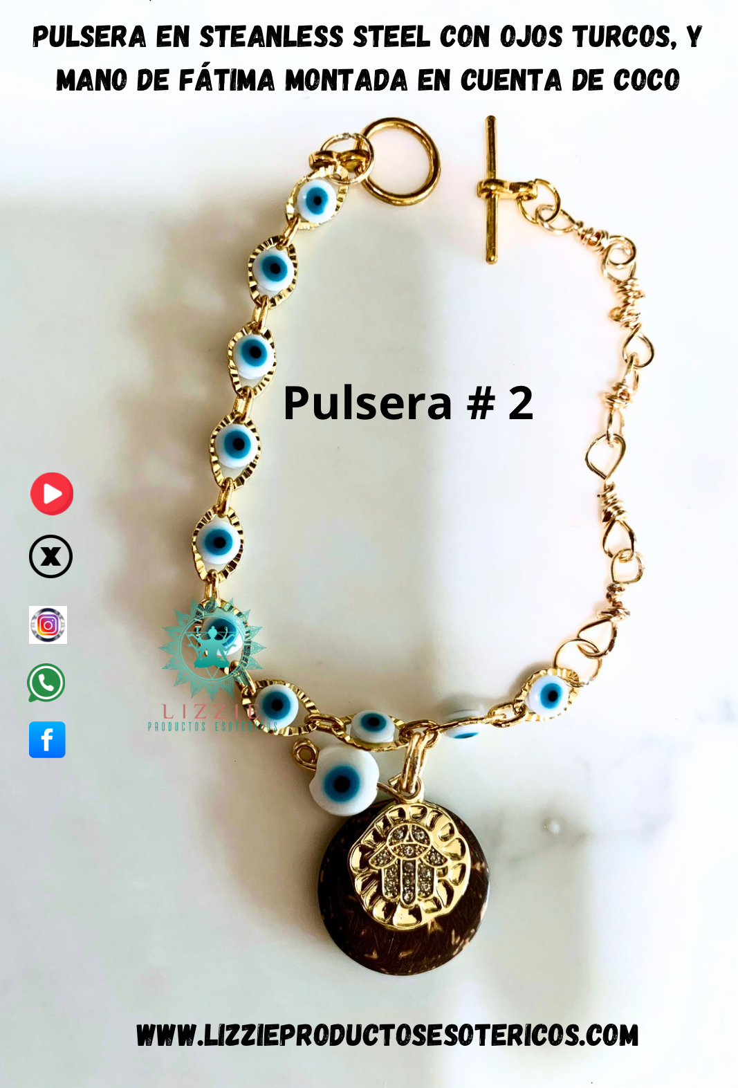 Pulsera en steanless steel con ojos turcos, y mano de Fátima montada en cuenta de coco