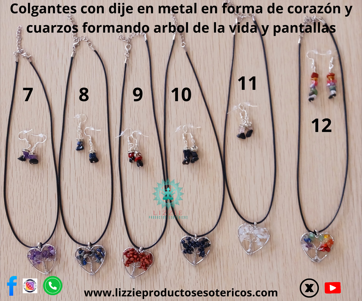 Colgantes con dije en metal en forma de corazón y cuarzos formando árbol de la vida y pantallas