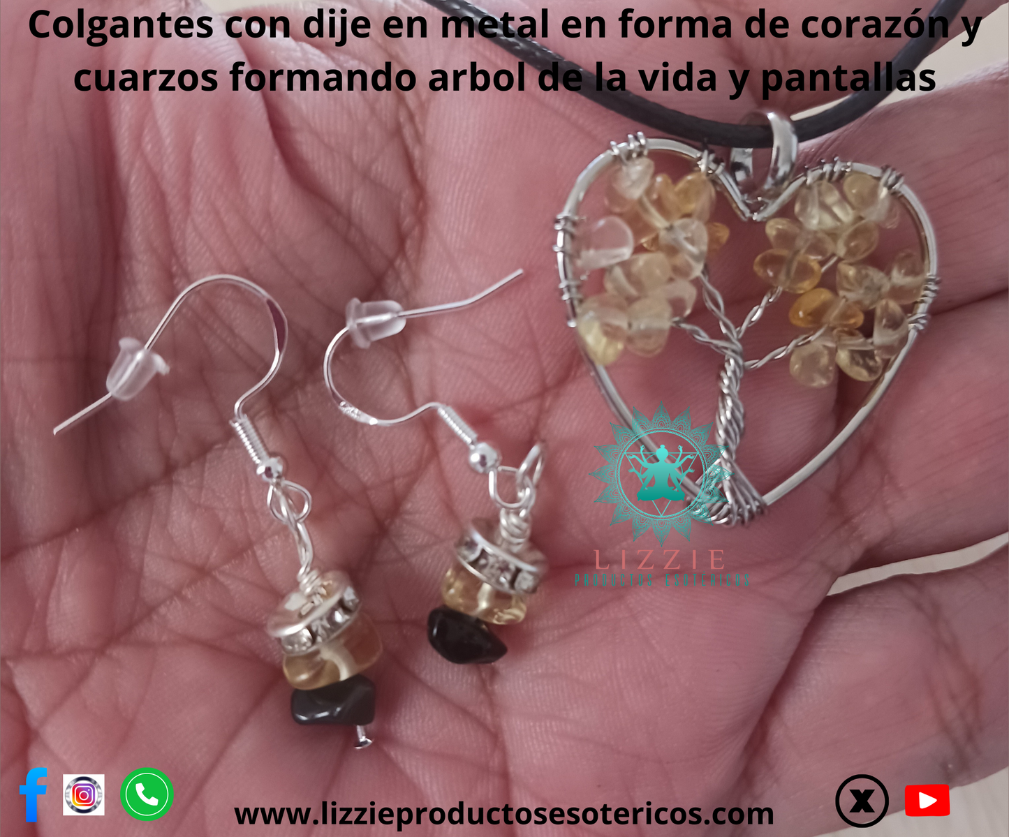 Colgantes con dije en metal en forma de corazón y cuarzos formando árbol de la vida y pantallas