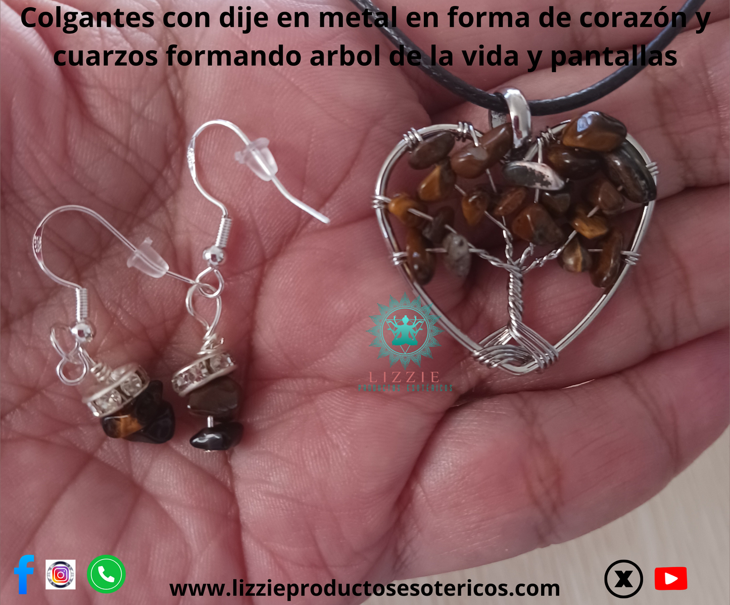 Colgantes con dije en metal en forma de corazón y cuarzos formando árbol de la vida y pantallas