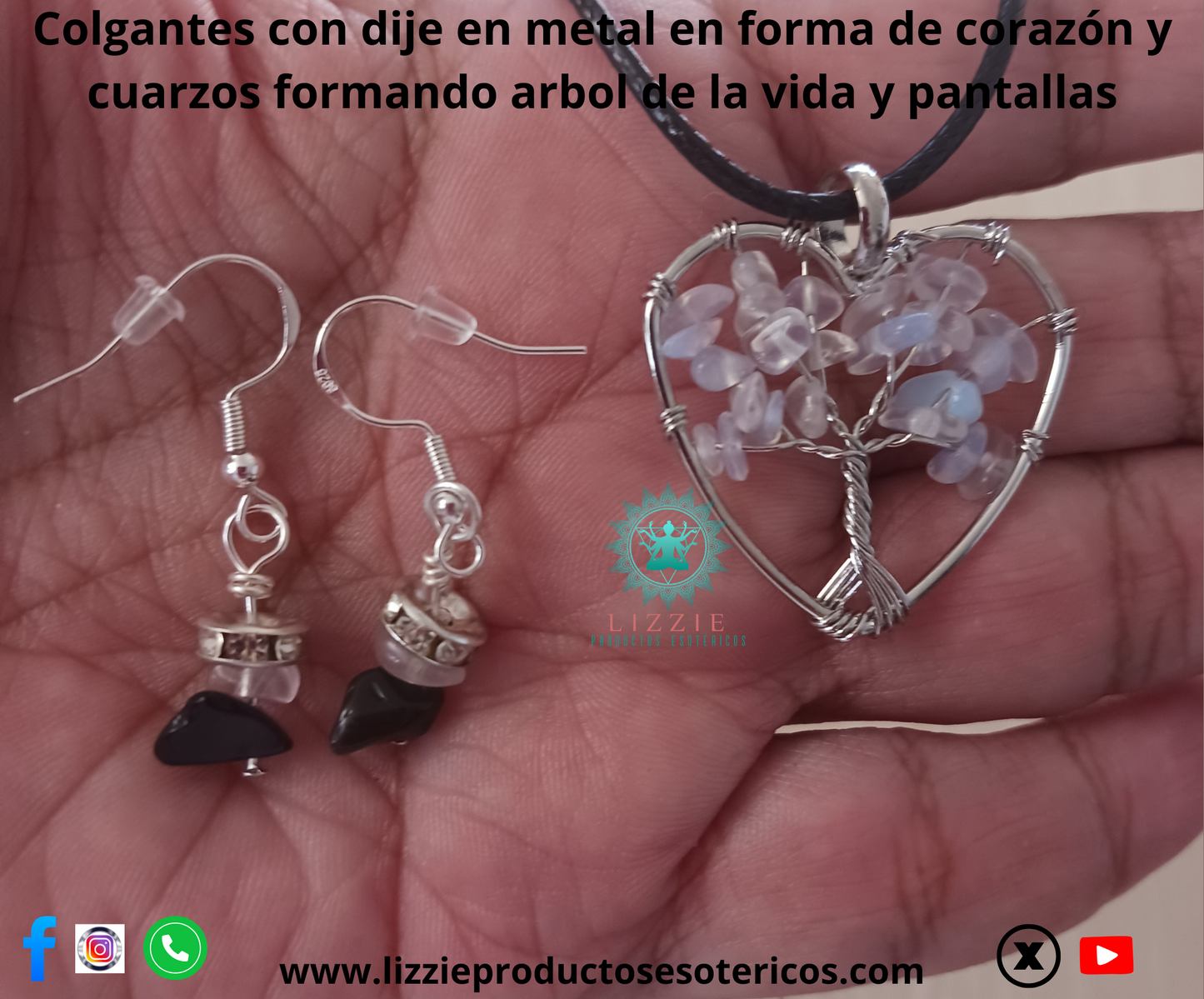 Colgantes con dije en metal en forma de corazón y cuarzos formando árbol de la vida y pantallas