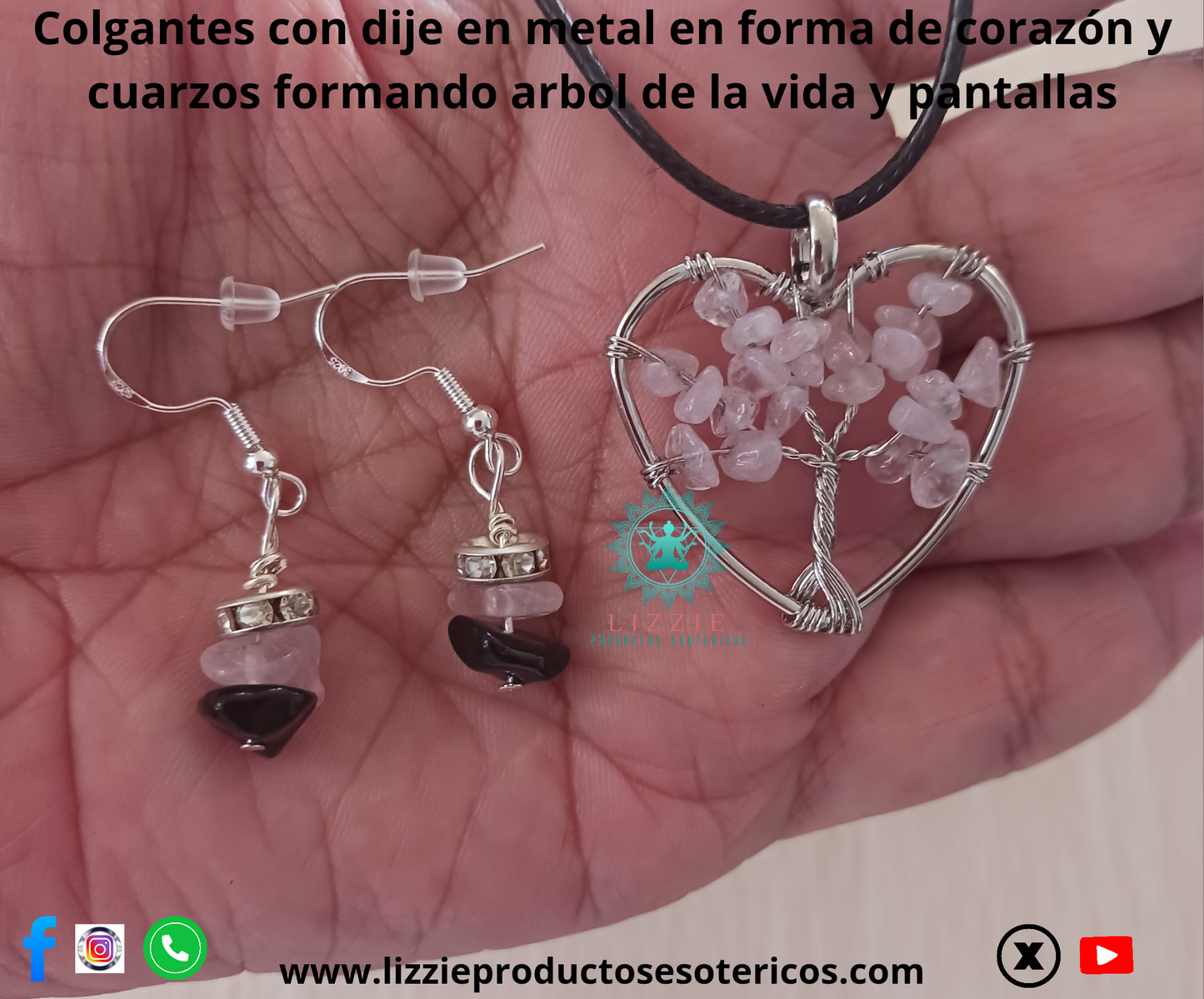 Colgantes con dije en metal en forma de corazón y cuarzos formando árbol de la vida y pantallas