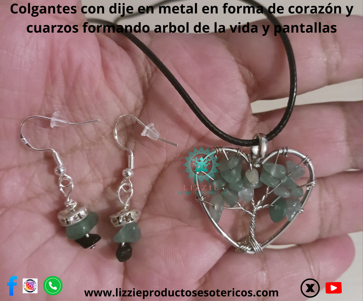 Colgantes con dije en metal en forma de corazón y cuarzos formando árbol de la vida y pantallas