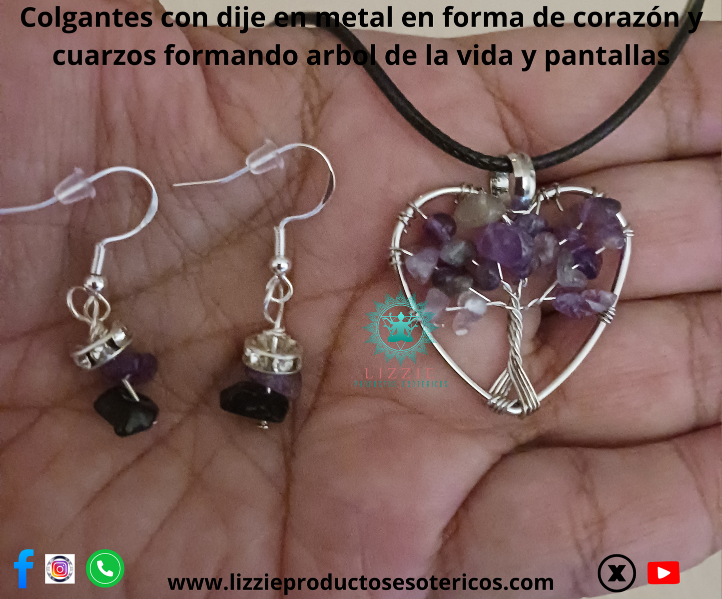 Colgantes con dije en metal en forma de corazón y cuarzos formando árbol de la vida y pantallas