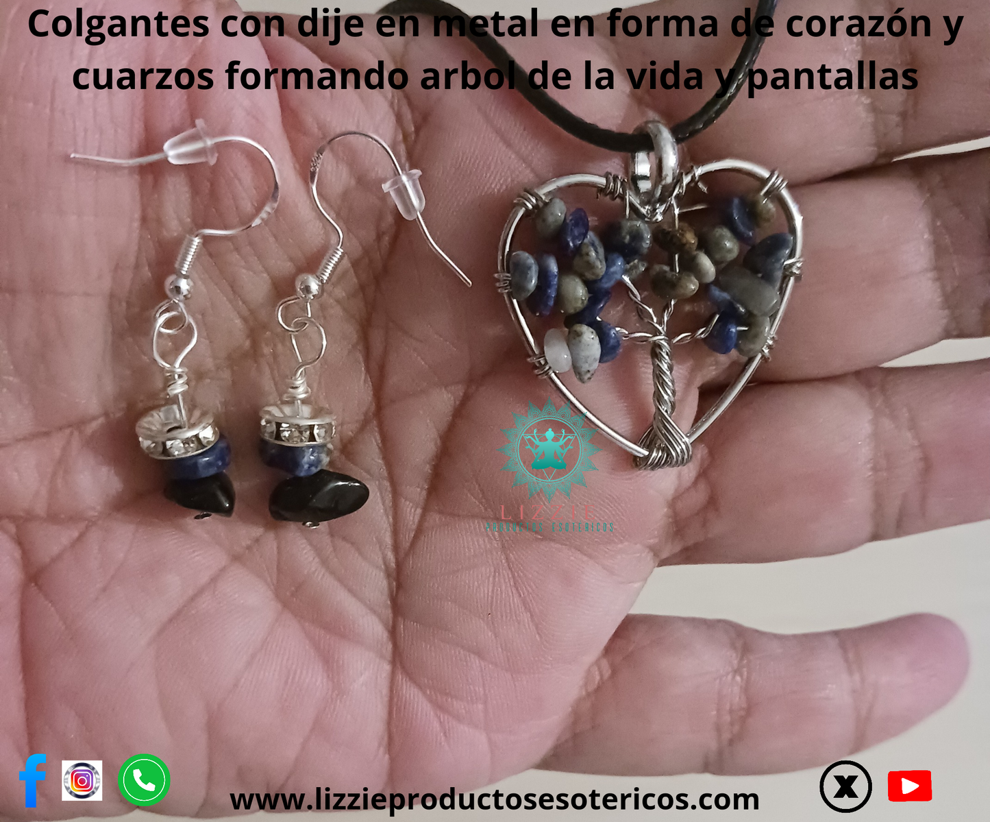 Colgantes con dije en metal en forma de corazón y cuarzos formando árbol de la vida y pantallas