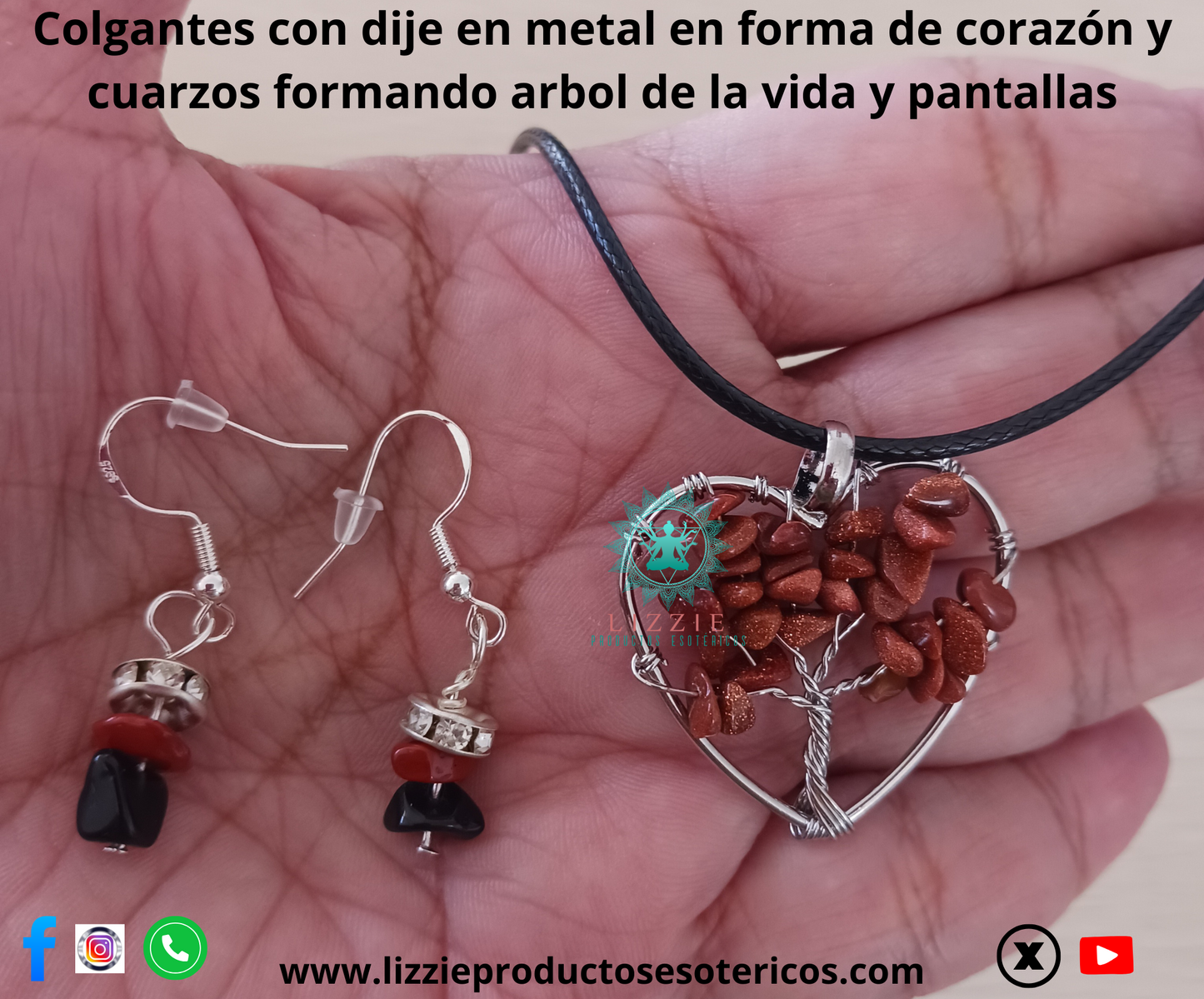 Colgantes con dije en metal en forma de corazón y cuarzos formando árbol de la vida y pantallas