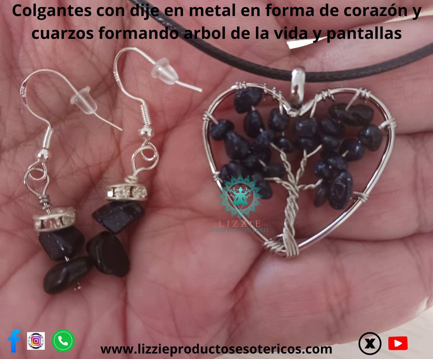 Colgantes con dije en metal en forma de corazón y cuarzos formando árbol de la vida y pantallas