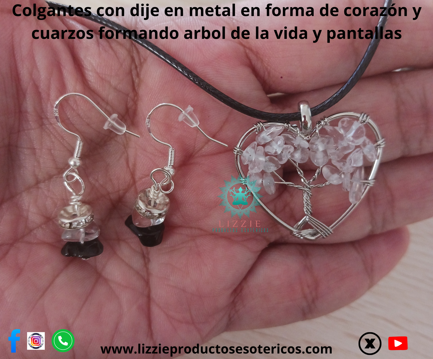 Colgantes con dije en metal en forma de corazón y cuarzos formando árbol de la vida y pantallas