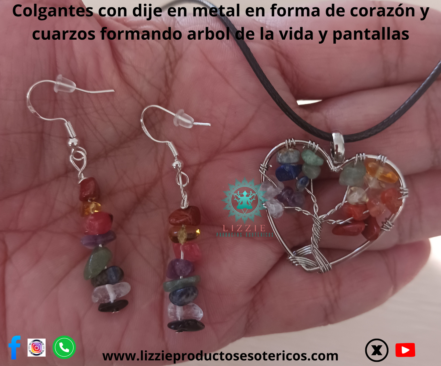 Colgantes con dije en metal en forma de corazón y cuarzos formando árbol de la vida y pantallas
