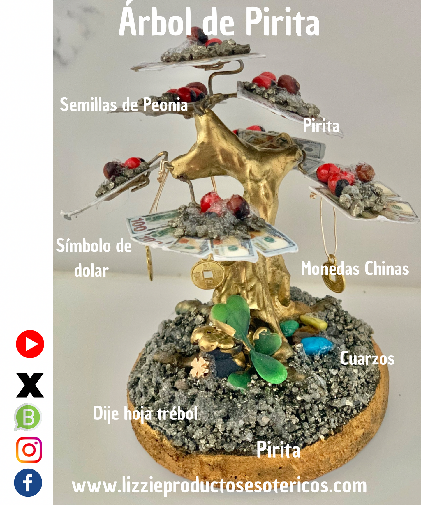 Árbol de Pirita , Pulsera de Cuarzos y 2 Inciensos de Money ( Para la buena suerte