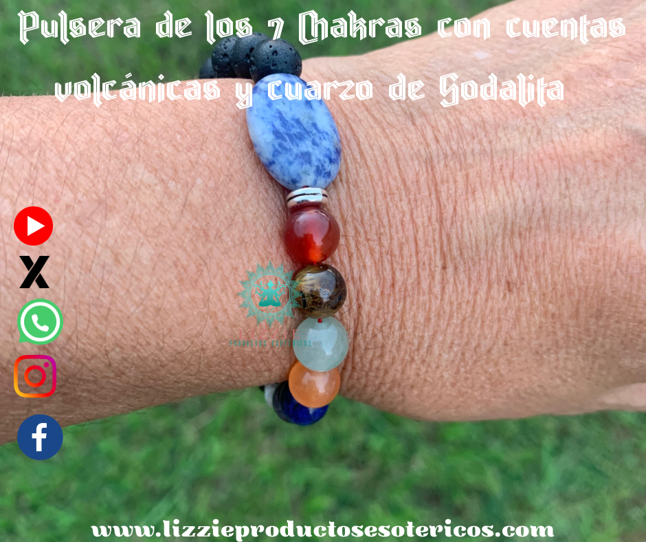 Pulsera de los 7 Chakras con Cuentas Volcánicas y Cuarzo de Sodalita