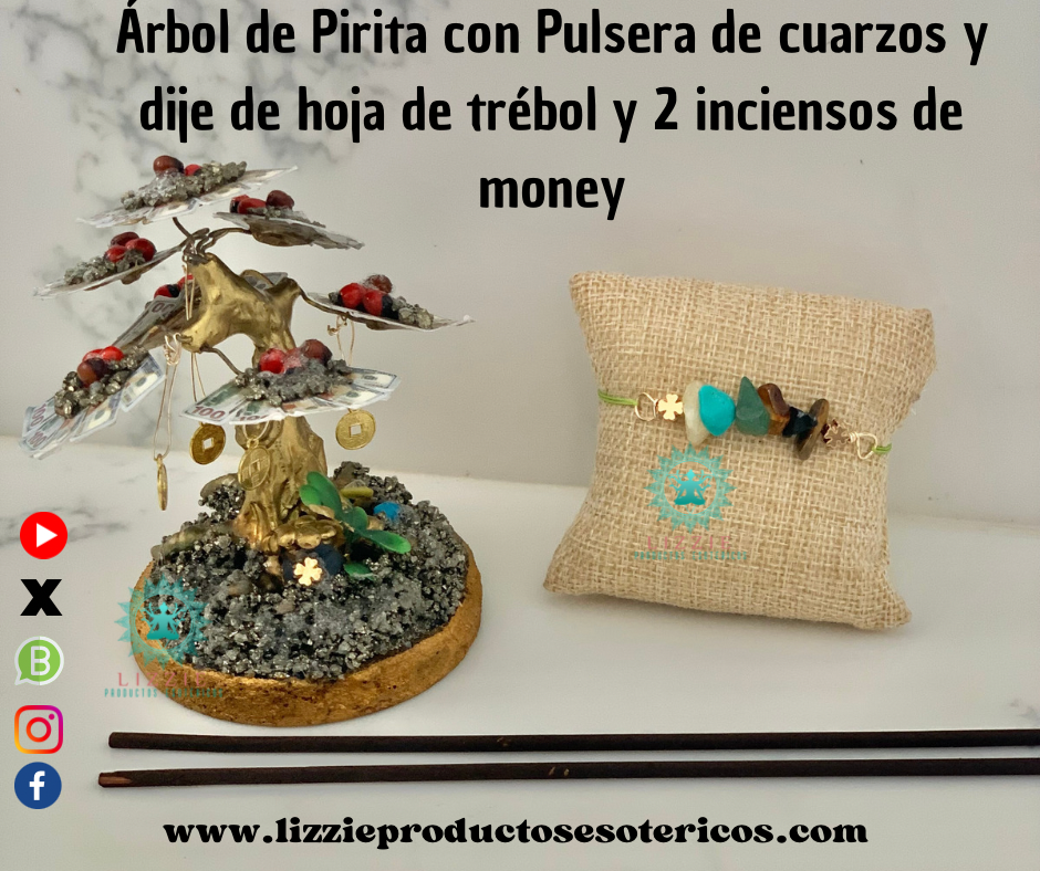 Árbol de Pirita , Pulsera de Cuarzos y 2 Inciensos de Money ( Para la buena suerte