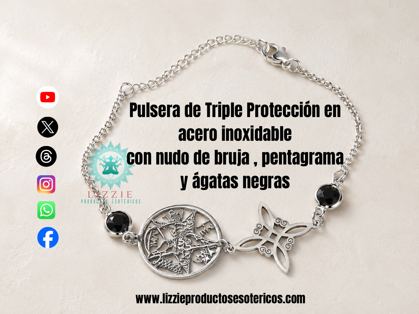 Pulsera de Triple Protección en
Acero inoxidable con nudo de bruja, pentagrama y dos ágatas negras