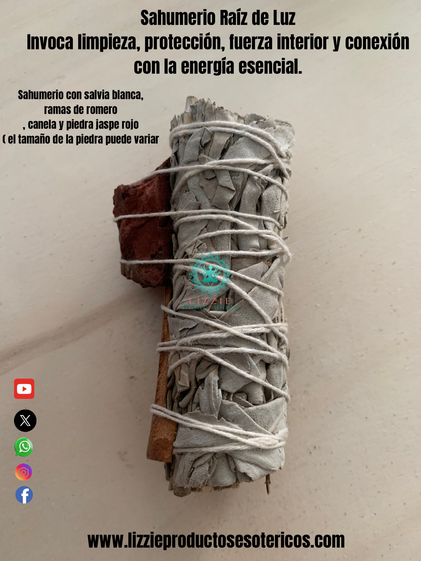 Sahumerio “ Raíz de Luz ” con salvia blanca , ramitas de romero , canela y piedra de jaspe rojo ( tamaño puede variar