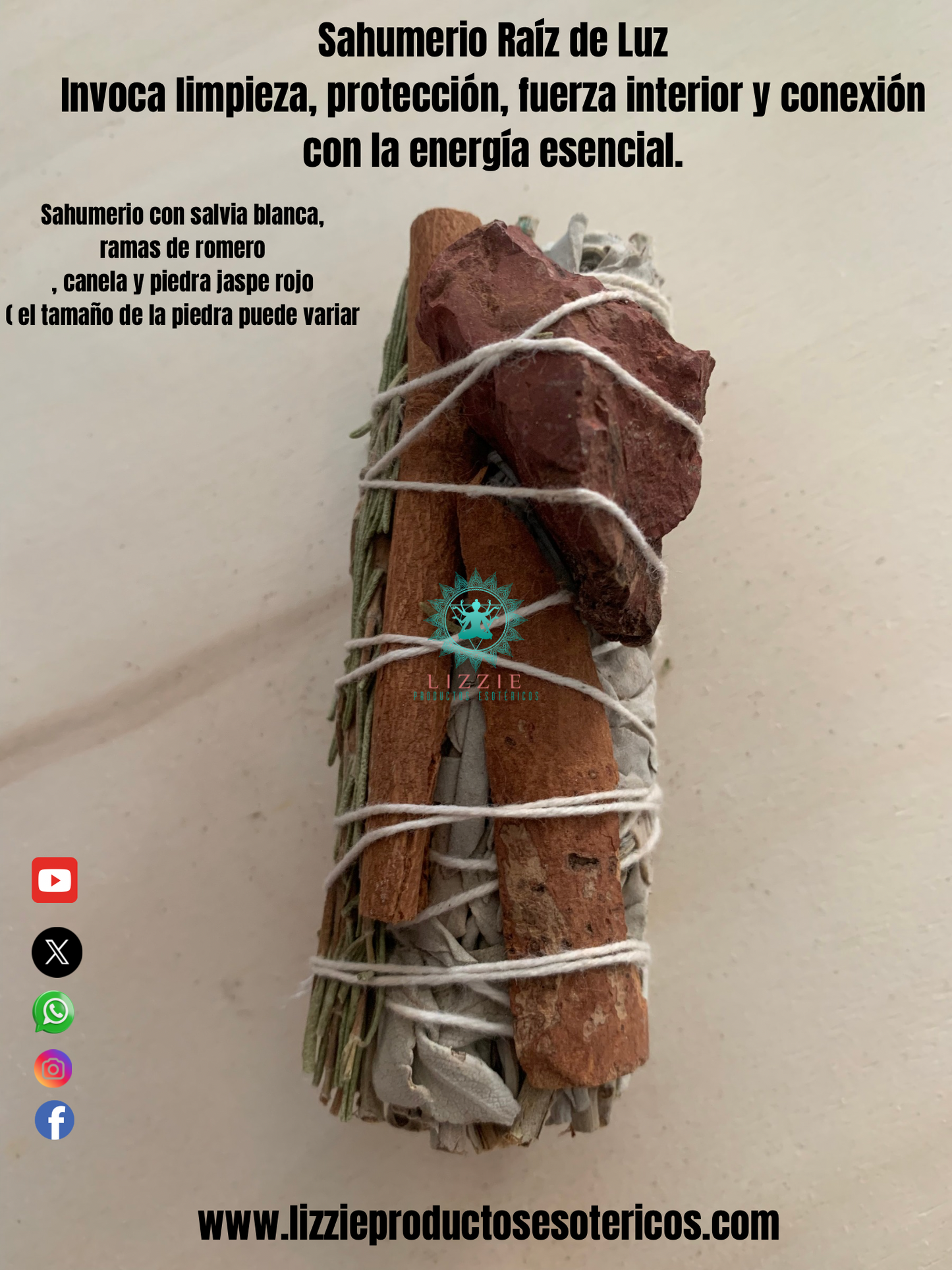 Sahumerio “ Raíz de Luz ” con salvia blanca , ramitas de romero , canela y piedra de jaspe rojo ( tamaño puede variar