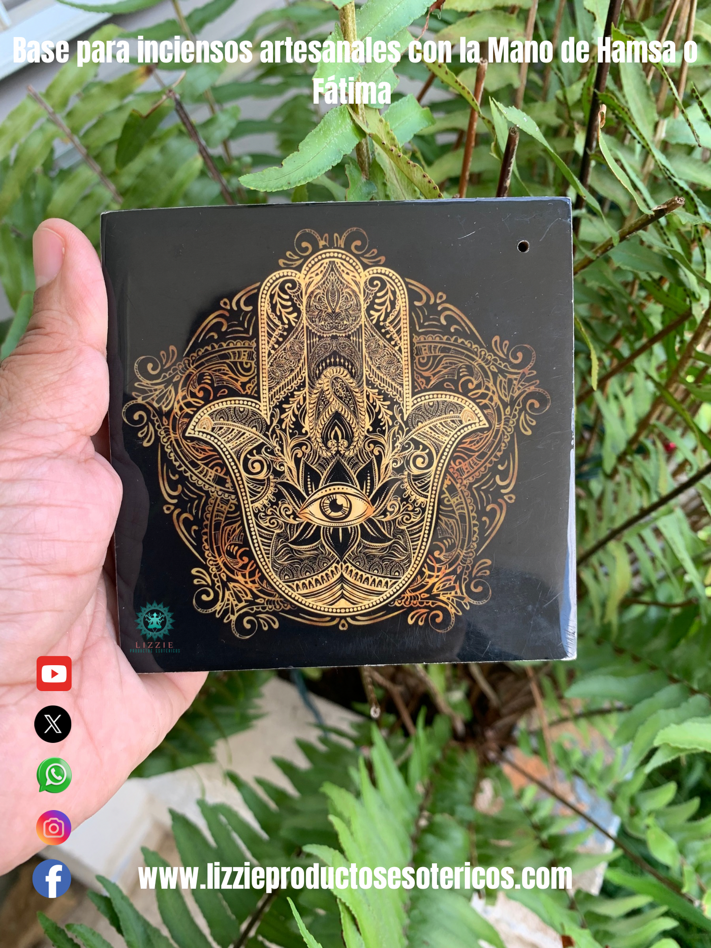 Base de madera y cerámica para colocar inciensos artesanales con dibujo pintado de la Mano Hamsa o de Fátima