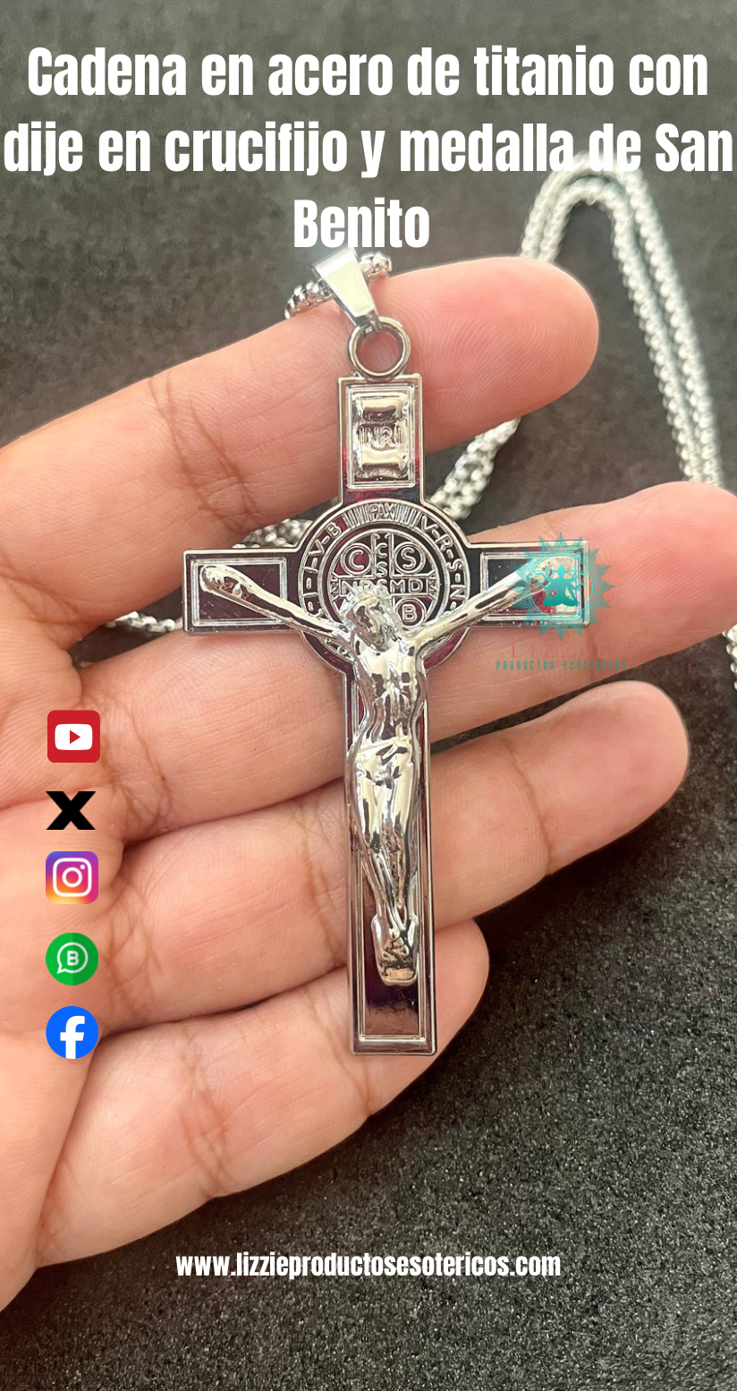 Cadena en acero de titanio con dije en crucifijo y medalla de San Benito