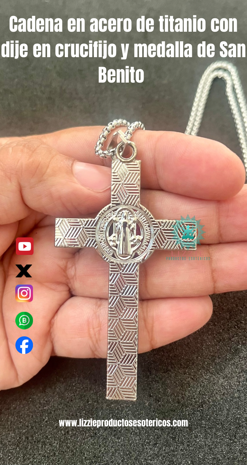 Cadena en acero de titanio con dije en crucifijo y medalla de San Benito