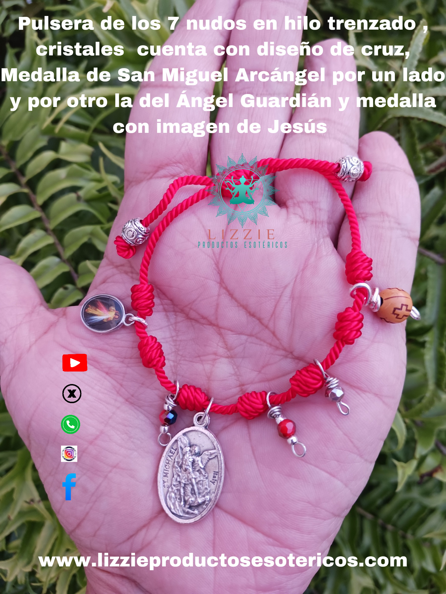Pulsera de los 7 nudos con hilo trenzado, cristales, cuenta con diseño de cruz, Medalla de San Miguel Arcángel por un lado y por el otro la del Ángel Guardián y medalla con imagen de Jesús