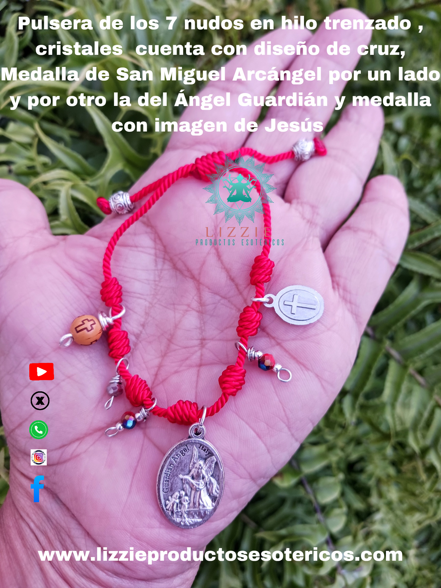 Pulsera de los 7 nudos con hilo trenzado, cristales, cuenta con diseño de cruz, Medalla de San Miguel Arcángel por un lado y por el otro la del Ángel Guardián y medalla con imagen de Jesús