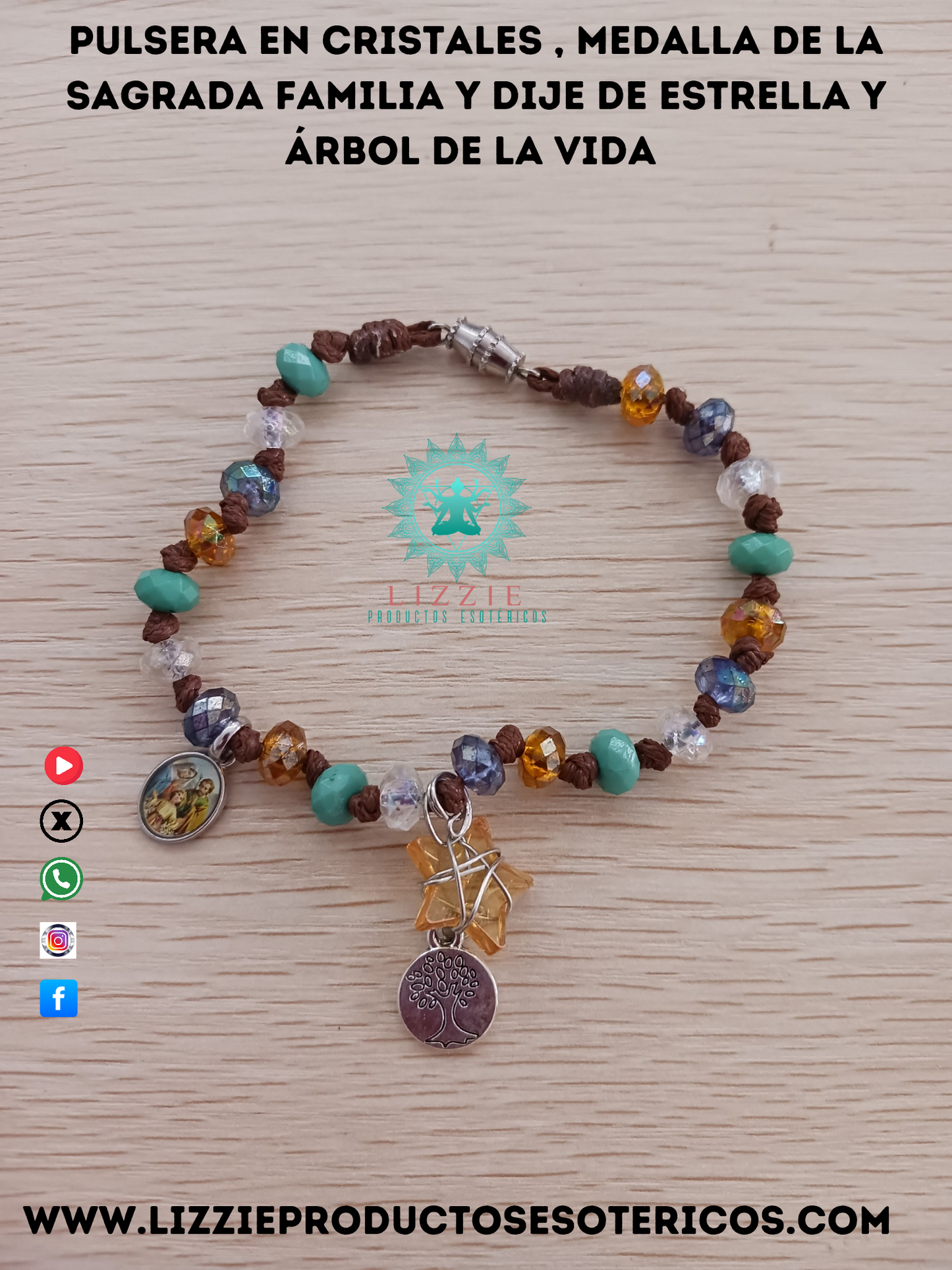 Pulsera en cristales, medalla de la sagrada familia ,dije de estrella y árbol de la vida