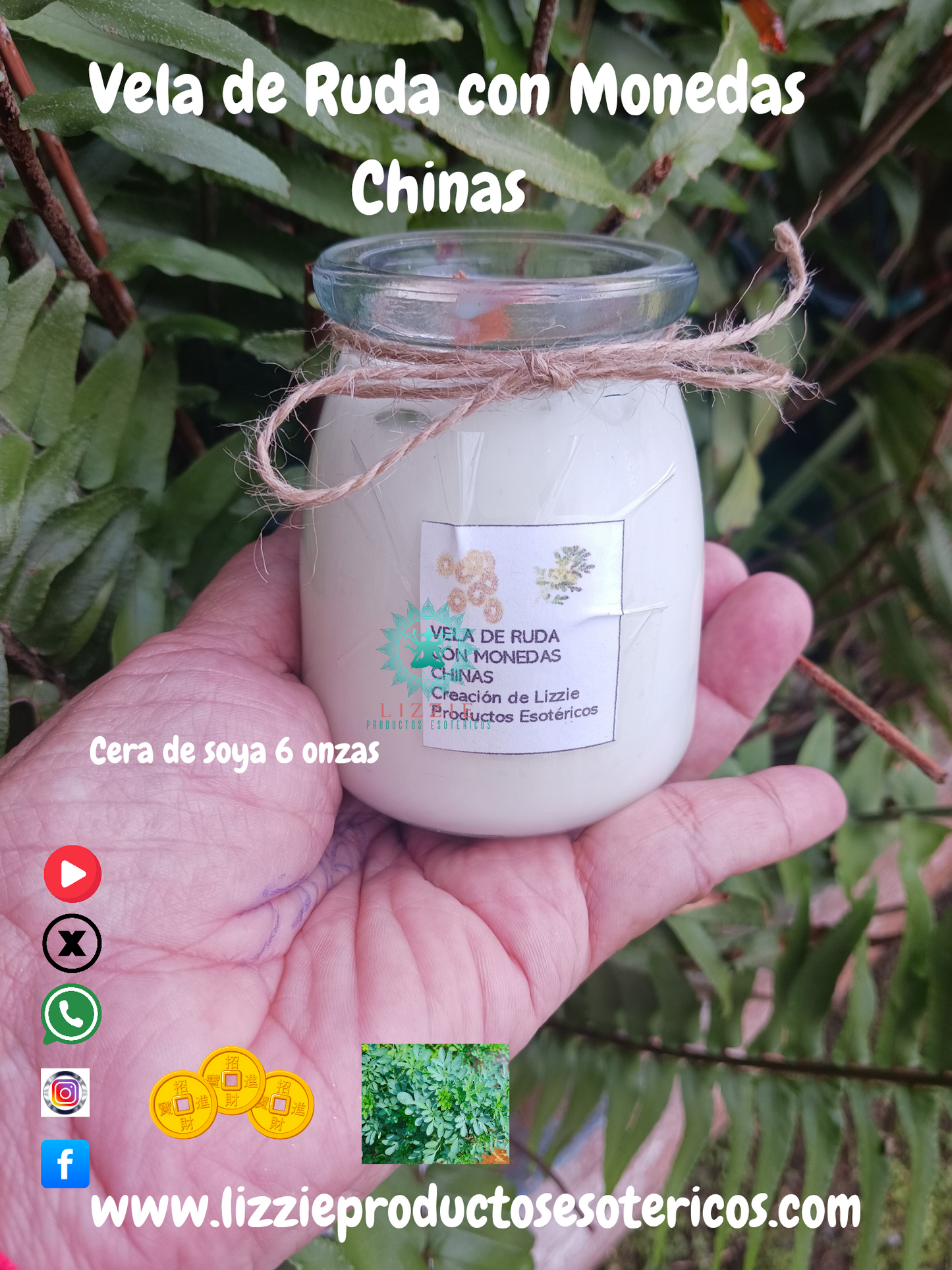 Vela de Ruda con Monedas Chinas Ritualizadas