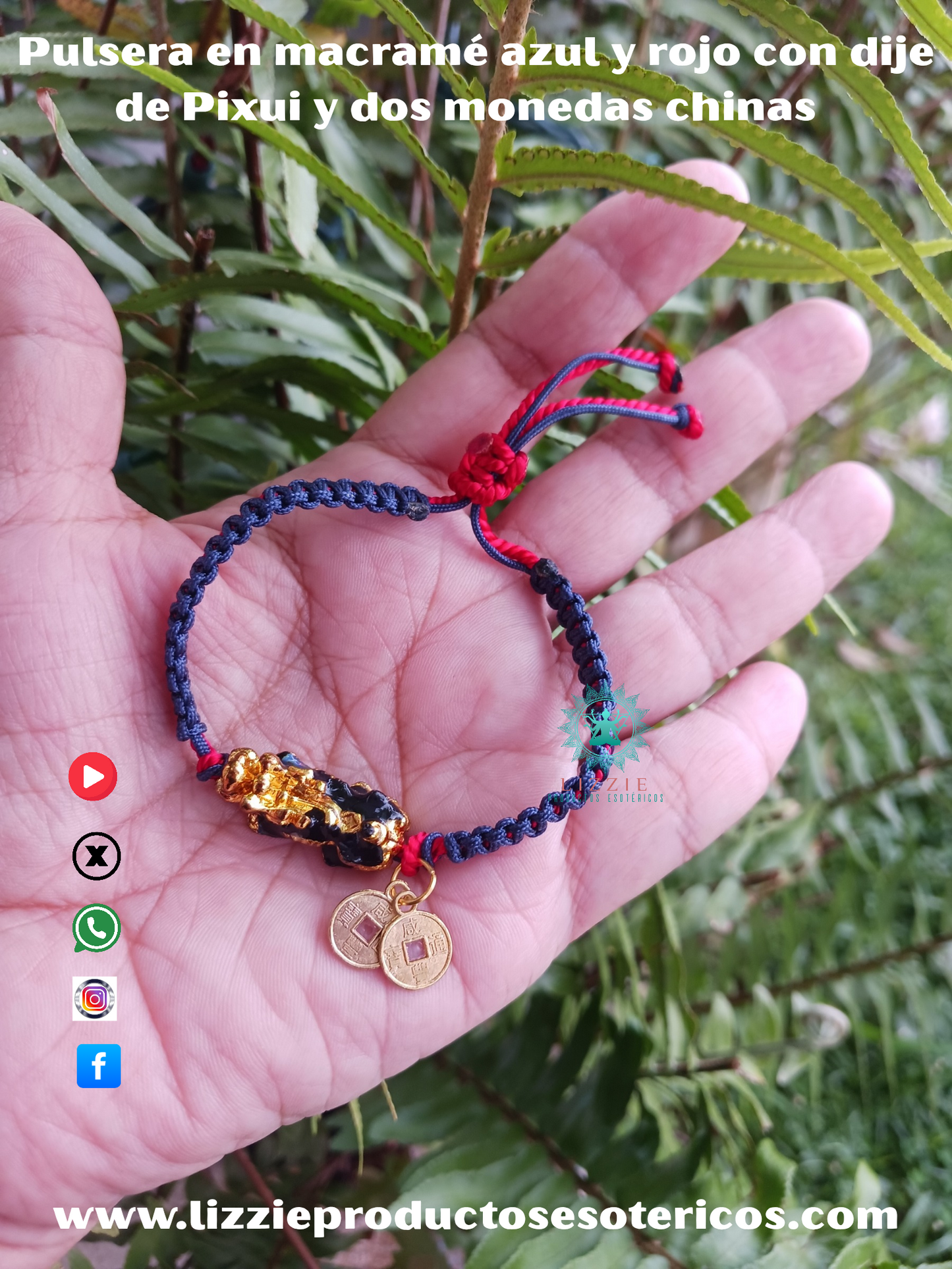 Blue and red macramé bracelet with Pixui charm and two Chinese coins