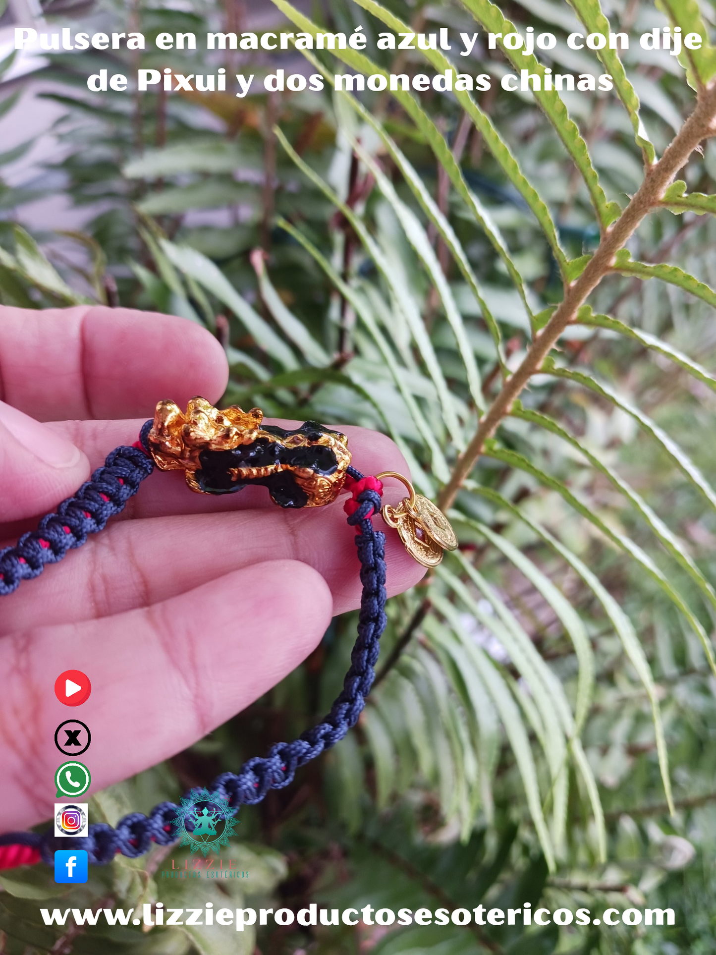 Blue and red macramé bracelet with Pixui charm and two Chinese coins