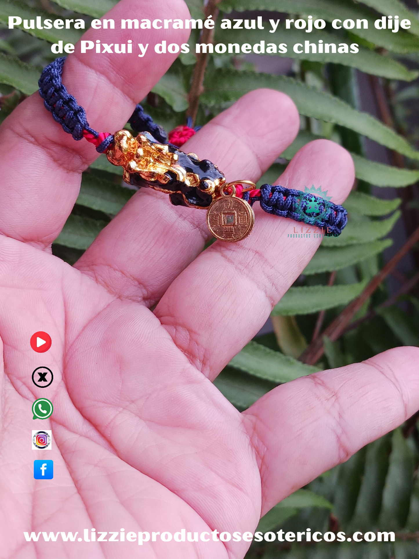 Blue and red macramé bracelet with Pixui charm and two Chinese coins