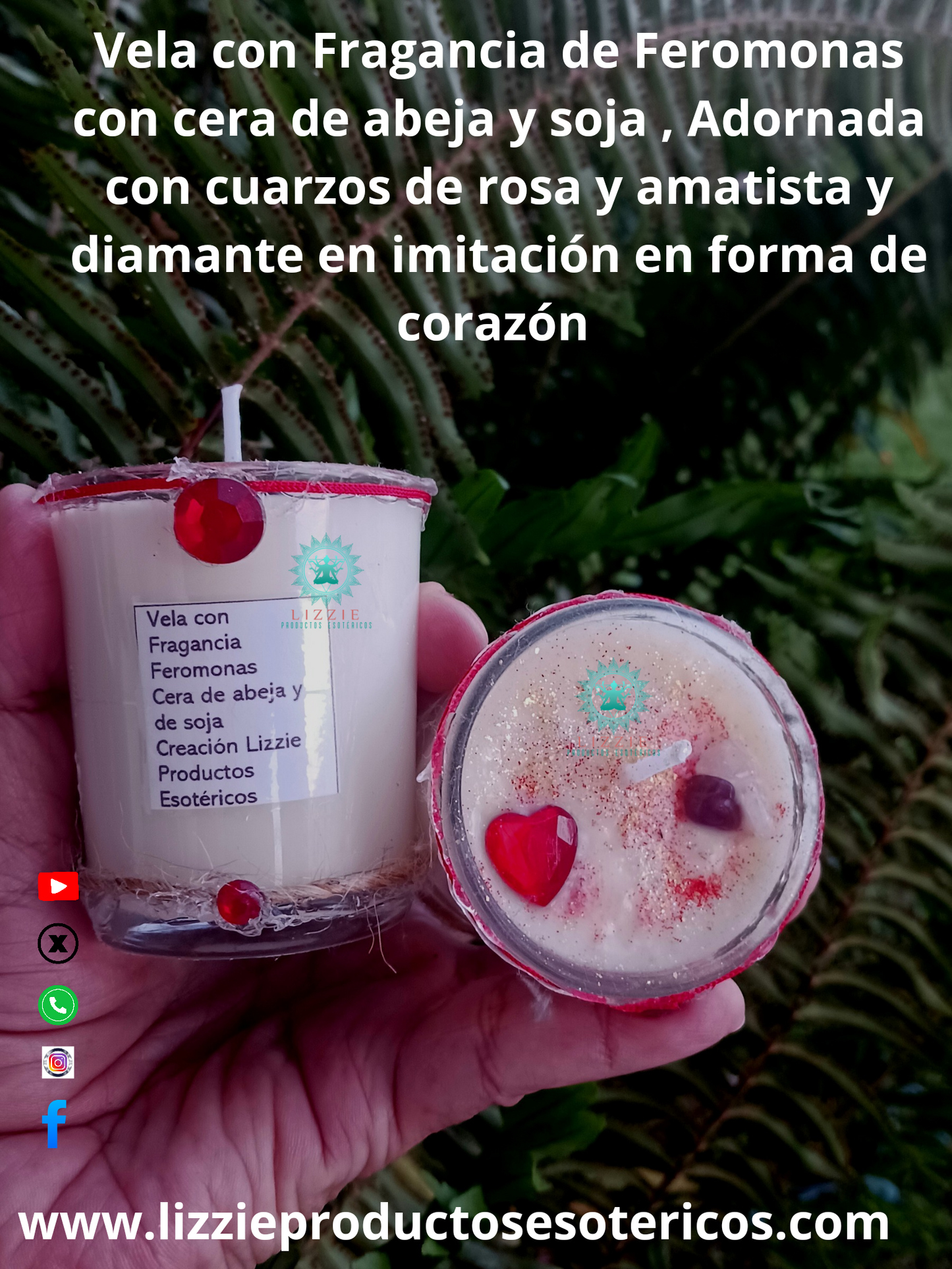 Vela con Fragancia de Feromonas con cera de abeja y soja y cuarzos y rosa y amatista y diamantes en imitación en forma de corazón