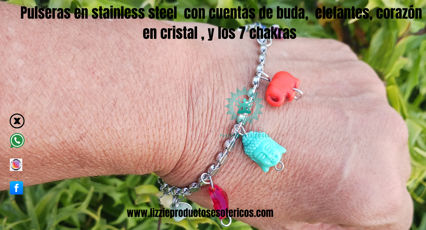 Pulsera de stainless steel con cuentas de Buda, cuentas de howlita en forma de elefante, corazón en cristal y los 7 chakras en chips de cuarzo
