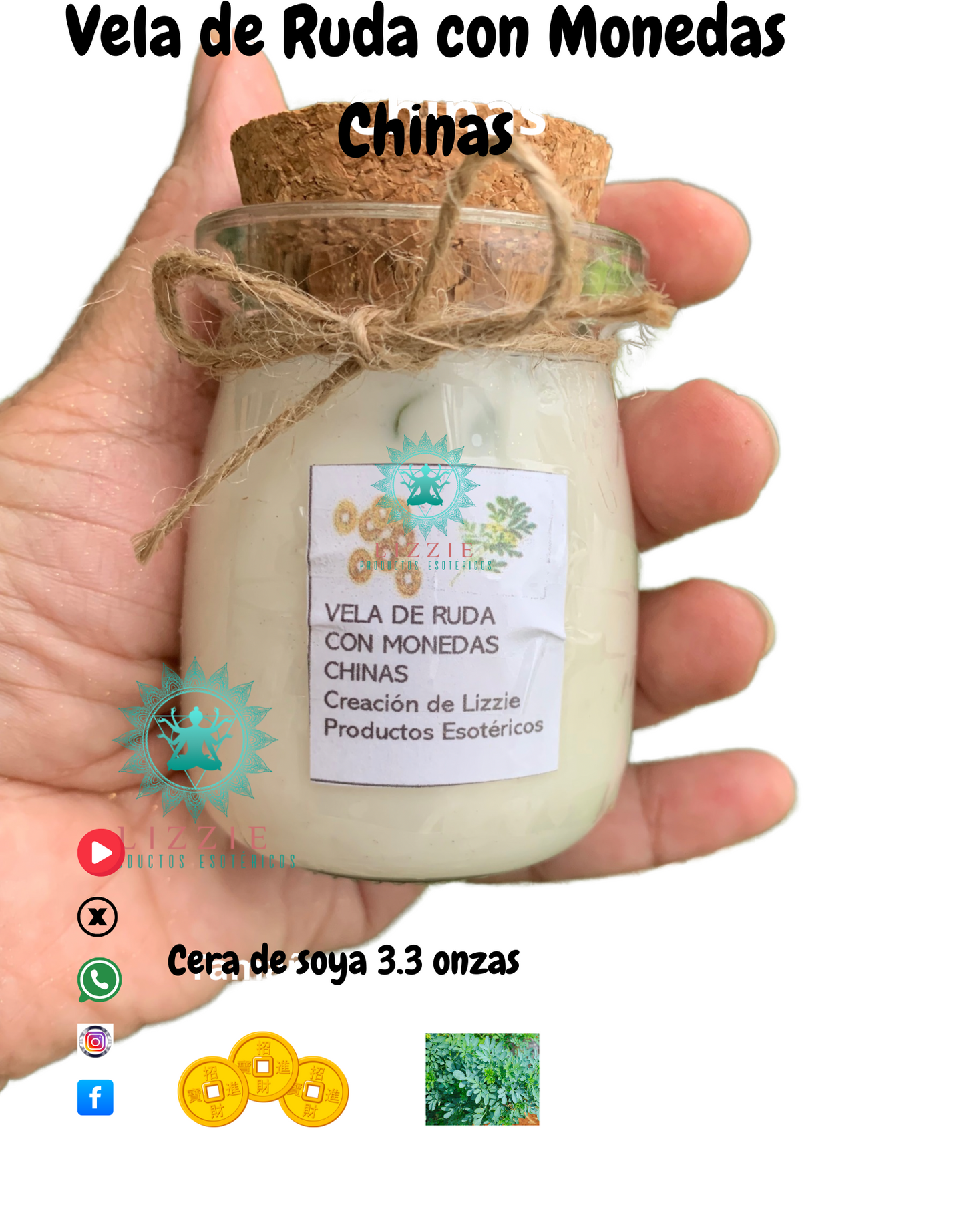 Vela de Ruda con Monedas Chinas Ritualizadas