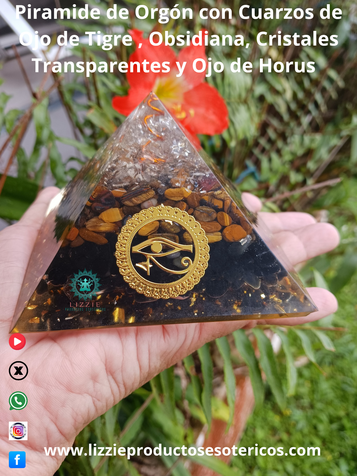 Pirámide de Orgon con Cuarzos de Ojo de Tigre, Obsidiana y Cristales Transparentes , Ojo de Horus incluye un Colgante de Orgonita Torre Flor de la Vida