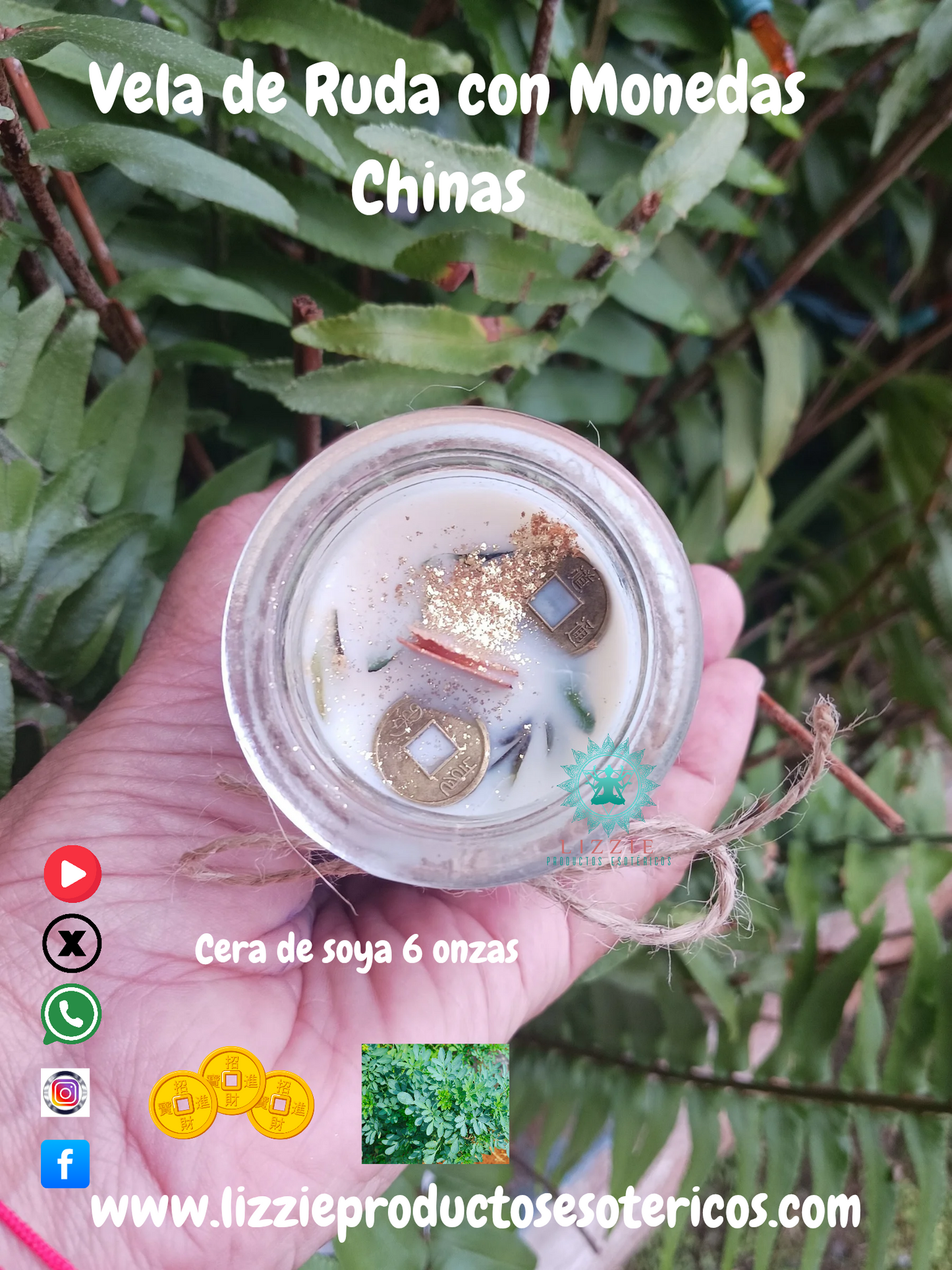 Vela de Ruda con Monedas Chinas Ritualizadas