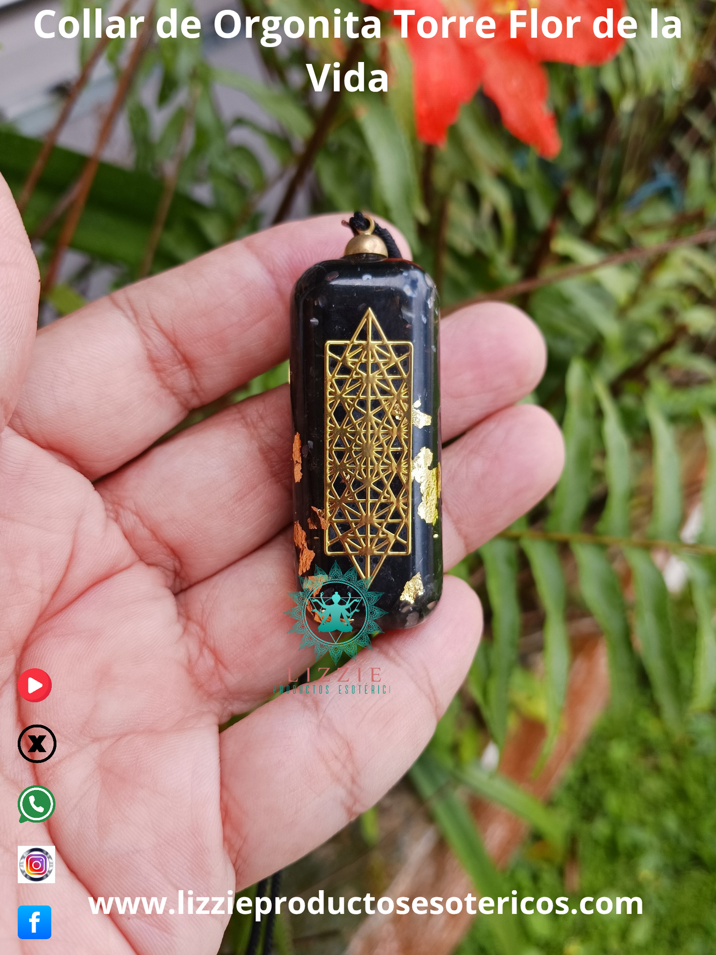 Pirámide de Orgon con Cuarzos de Ojo de Tigre, Obsidiana y Cristales Transparentes , Ojo de Horus incluye un Colgante de Orgonita Torre Flor de la Vida