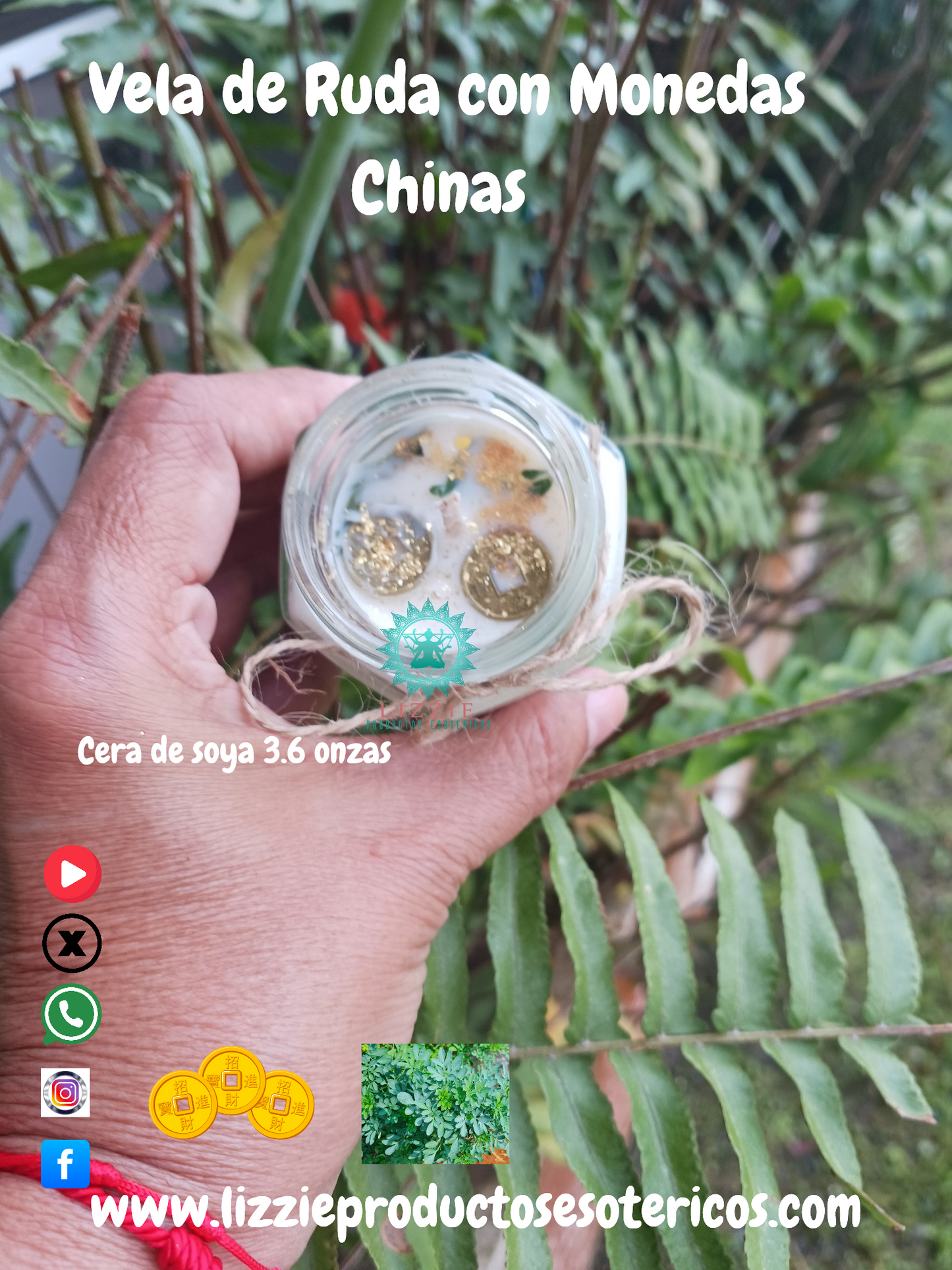 Vela de Ruda con Monedas Chinas Ritualizadas