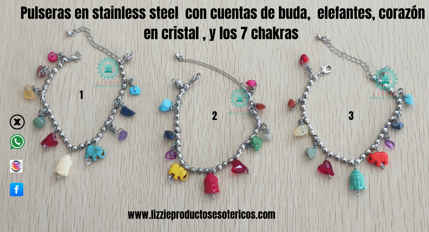Pulsera de stainless steel con cuentas de Buda, cuentas de howlita en forma de elefante, corazón en cristal y los 7 chakras en chips de cuarzo