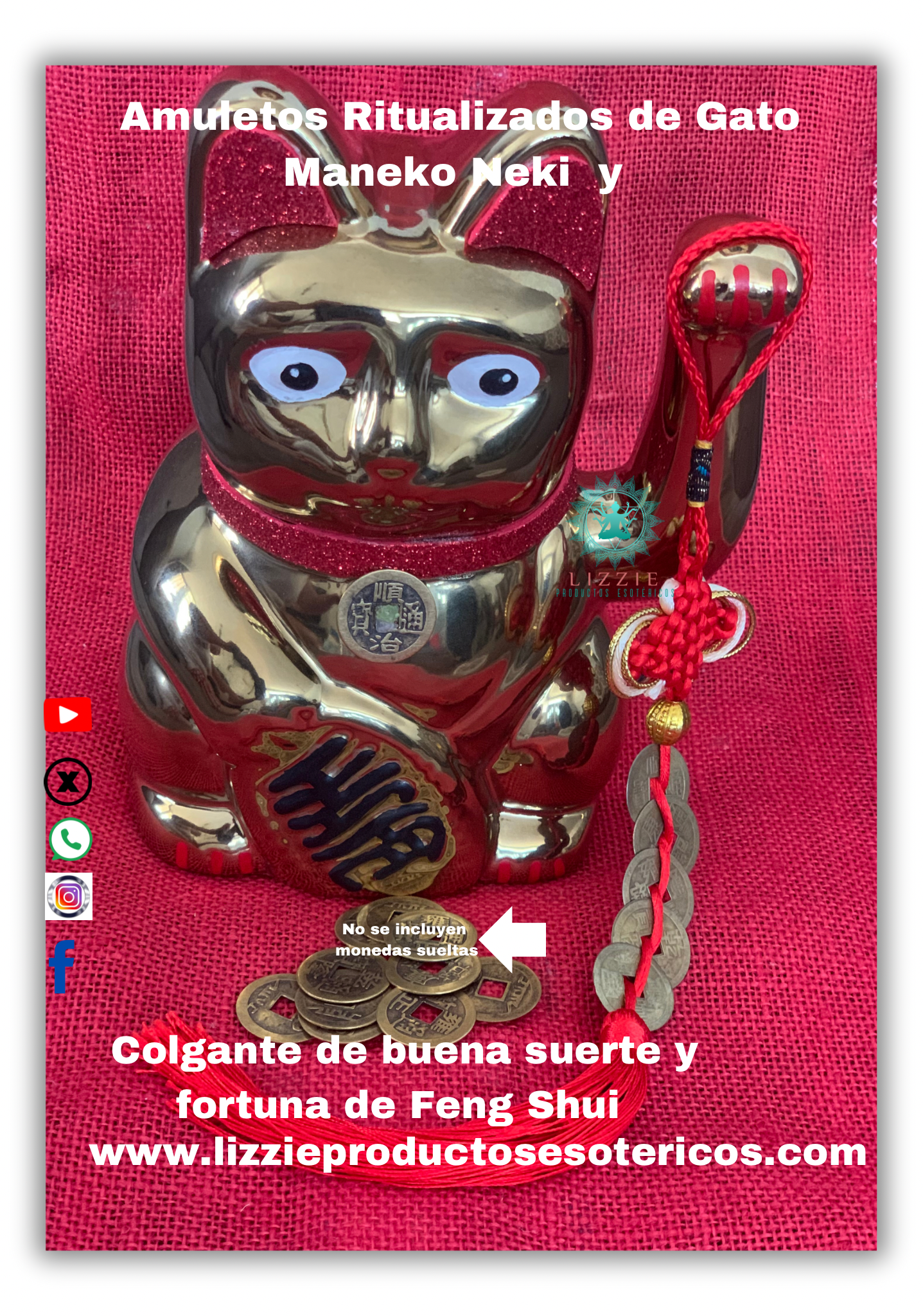 Amuletos ritualizados de Gato Maneki Neko y Colgante de la buena suerte y fortuna de Feng Shui