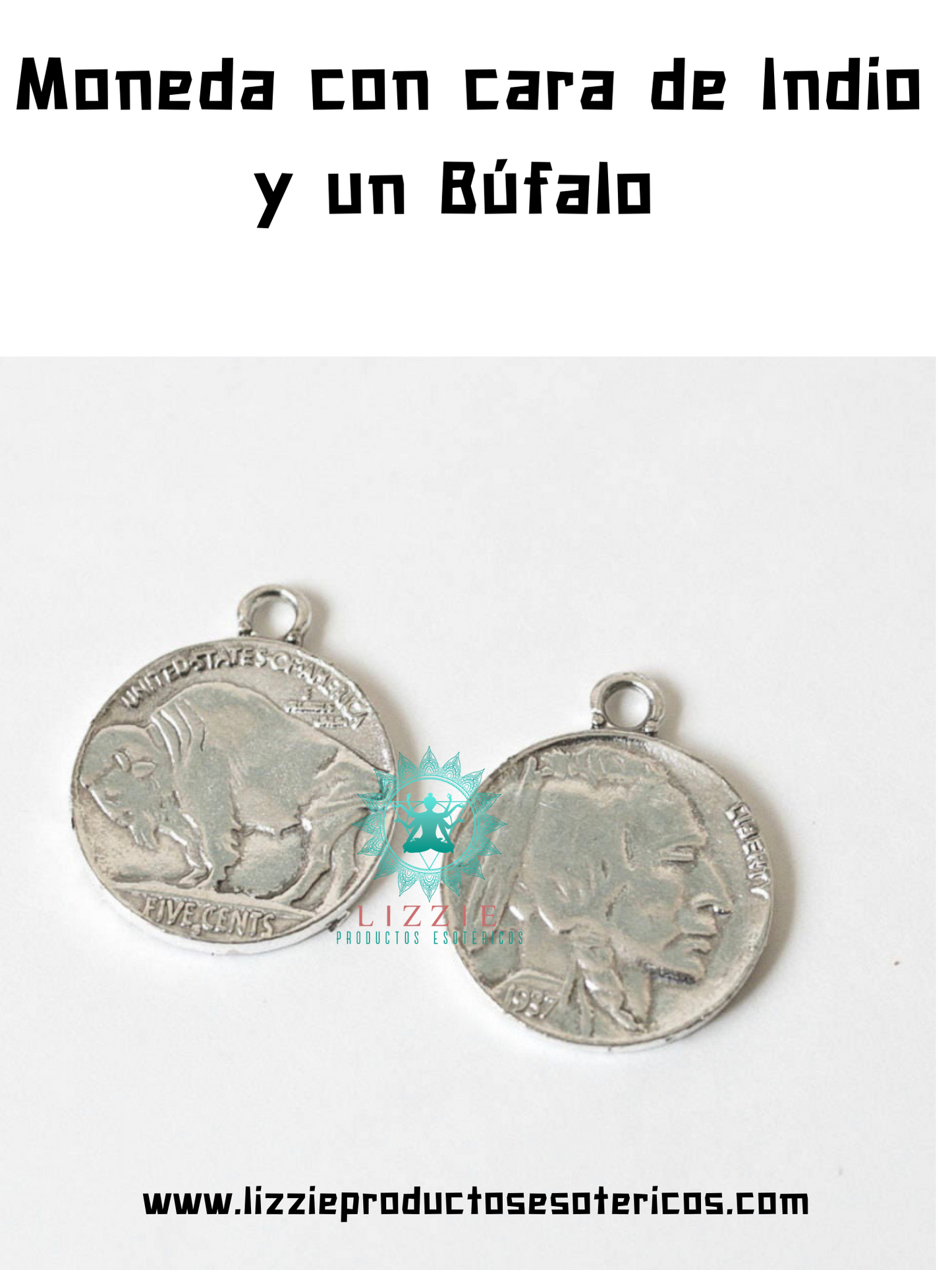 Colgante en hilo de cuero con medalla de doble cara ( Indio y un Búfalo)