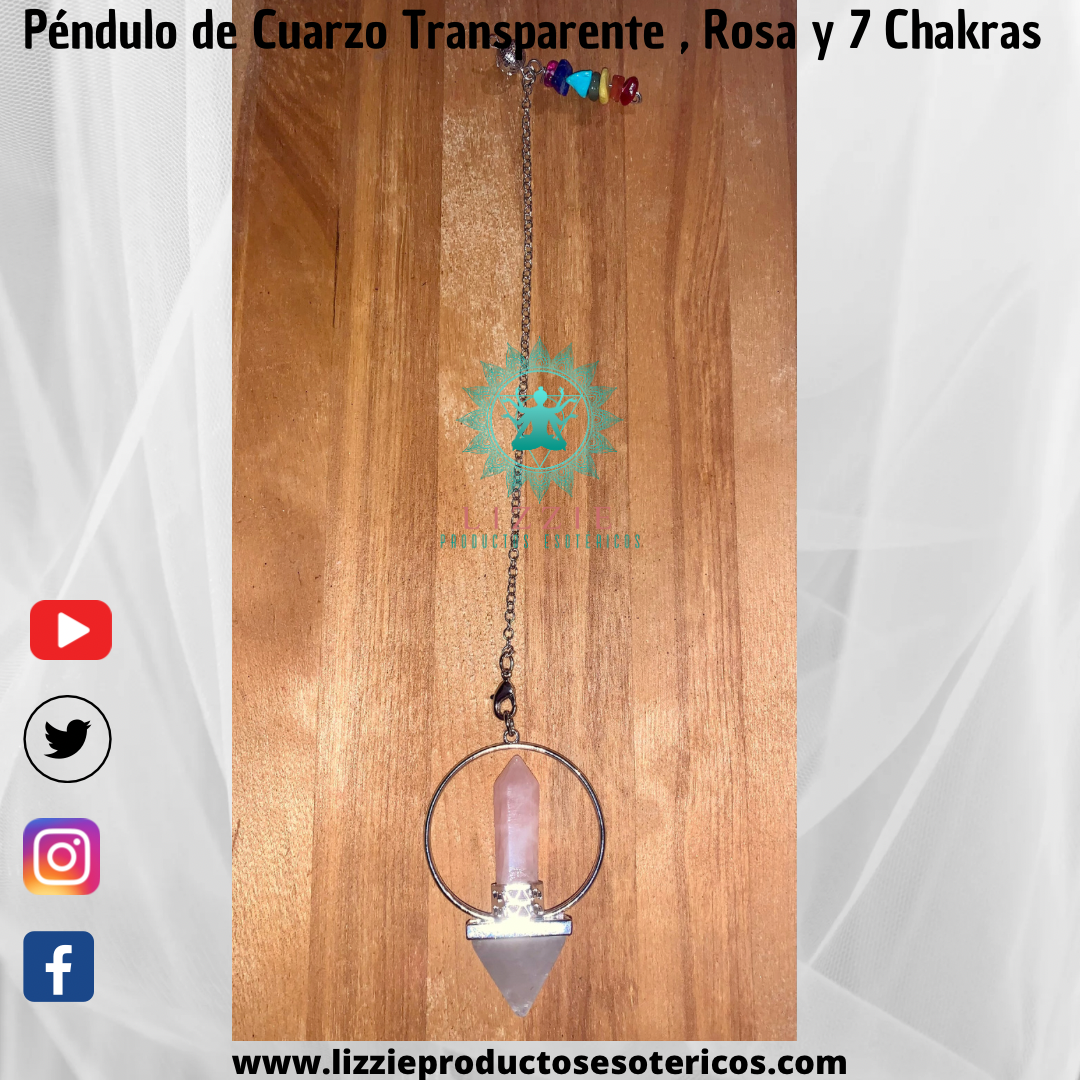 Péndulo de Cuarzo Transparente, Rosa y 7 Chakras