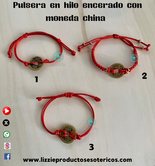 Pulsera en hilo encerado con moneda china