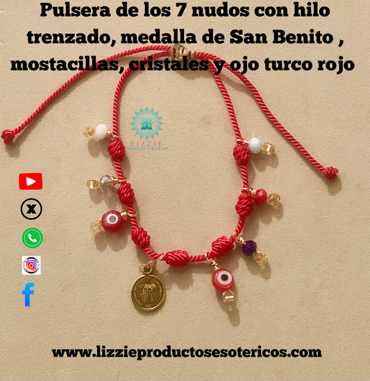 Pulsera de los 7 nudos con hilo trenzado, medalla de San Benito, mostacillas , cristales y ojo turco rojo