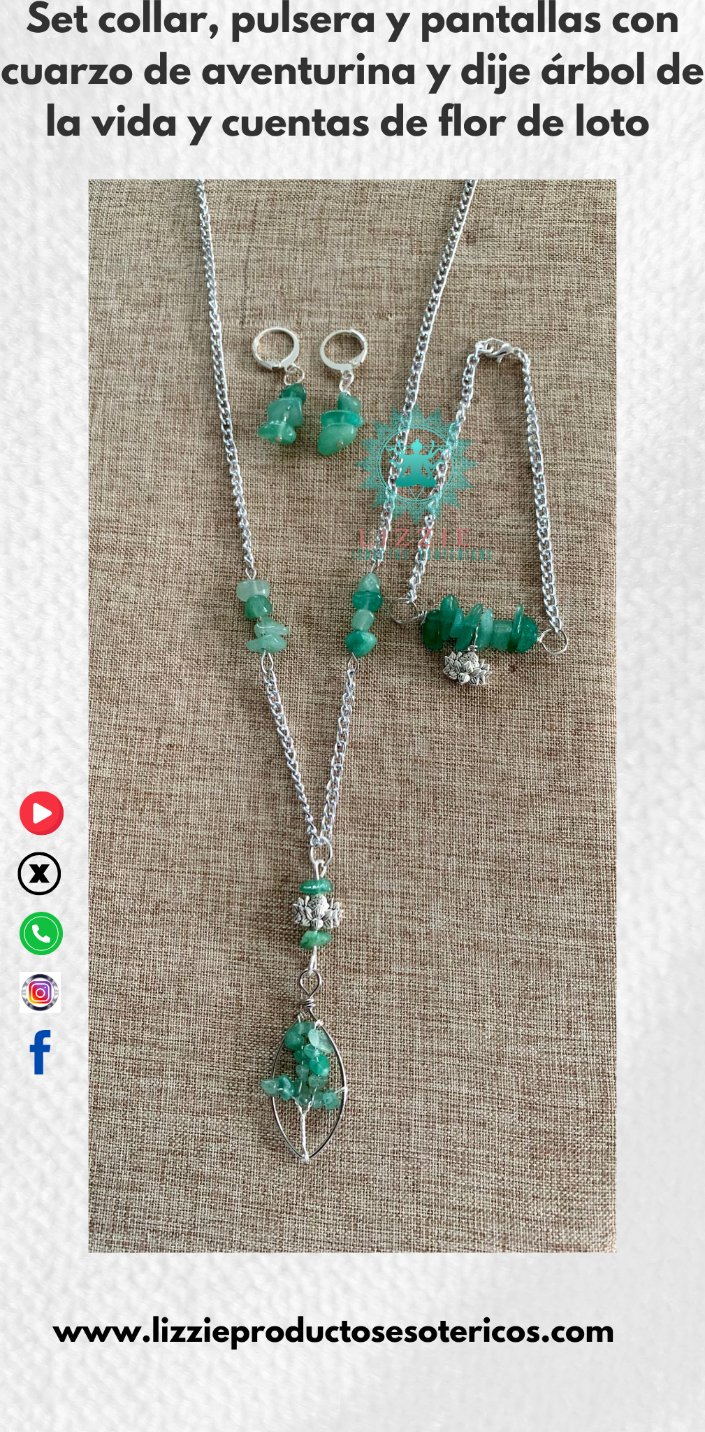 Set de collar, pulsera y pantallas con cuarzo aventurina , dije árbol de la vida y cuenta de flor de loto