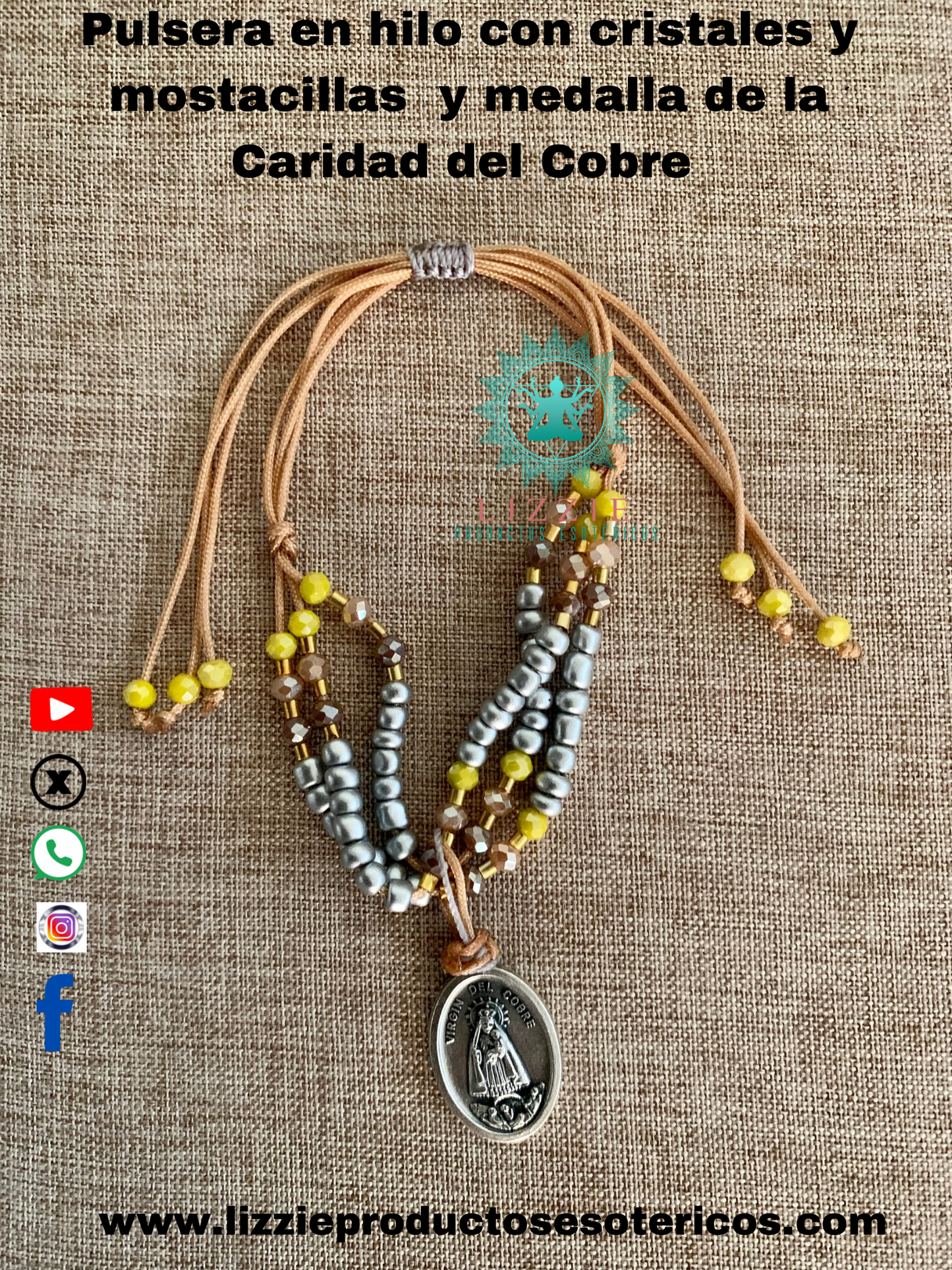 Pulsera en hilo con cristales y mostacillas y medalla de la Virgen Caridad del Cobre