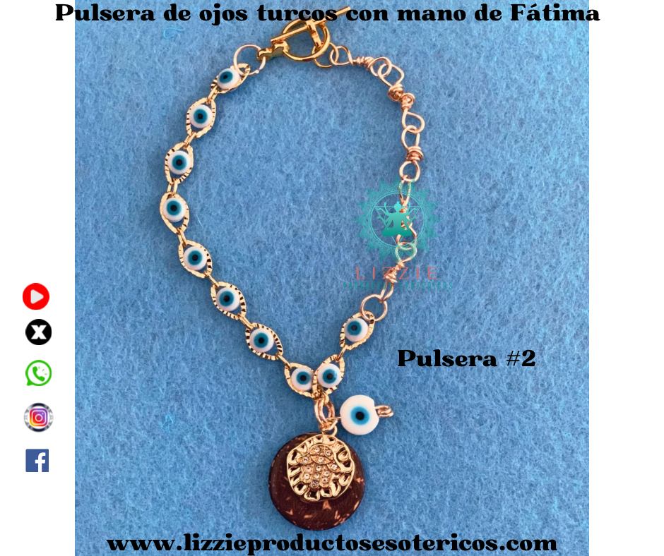 Pulsera en steanless steel con ojos turcos, y mano de Fátima montada en cuenta de coco